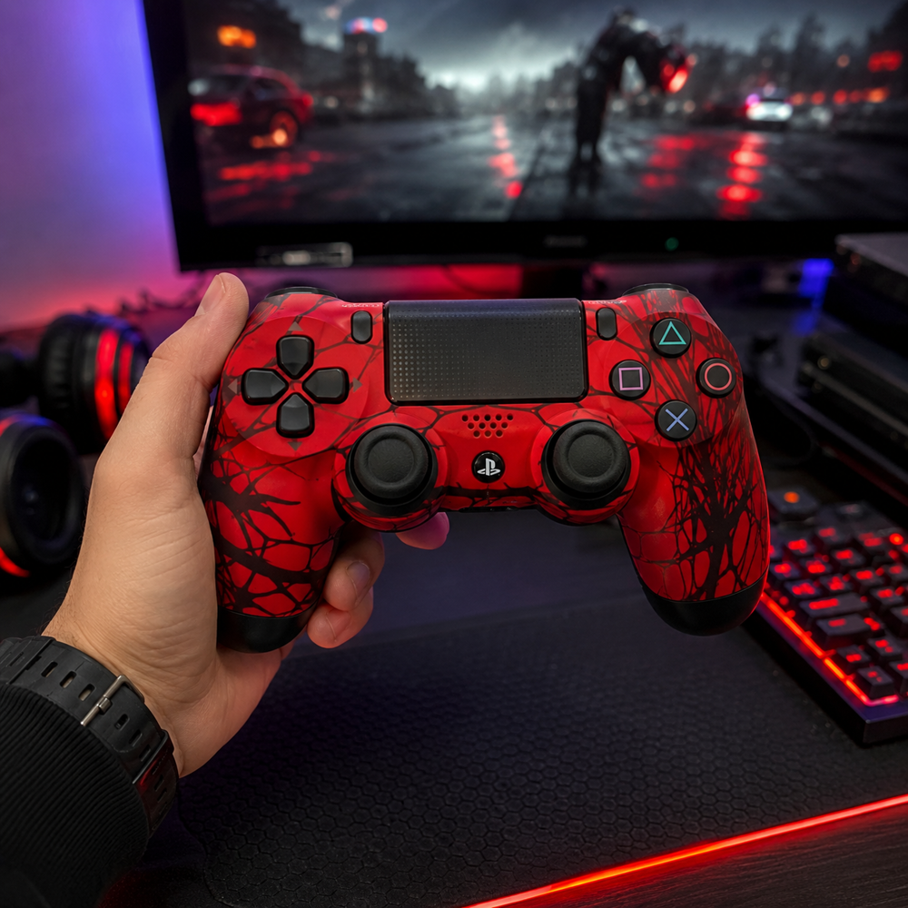 دسته بازی سونی مدل SONY PS4 Dualshock 4 HIGH COPY SpiderMan قرمز مشکی روی میز گیمینگ مدرن، مناسب خرید دسته بازی PS4 طرحدار برای بازیهای اکشن و روزمره